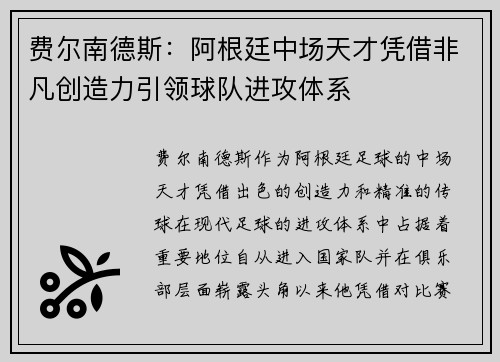 费尔南德斯：阿根廷中场天才凭借非凡创造力引领球队进攻体系